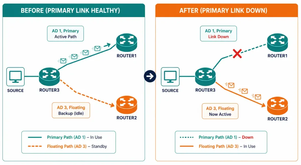Floating Static Routes: Configuration, Verification, And Troubleshooting 2 Topology Diagram Showing A Host Reaching A Web Server Via A Primary And A Floating Backup Path Through Router3