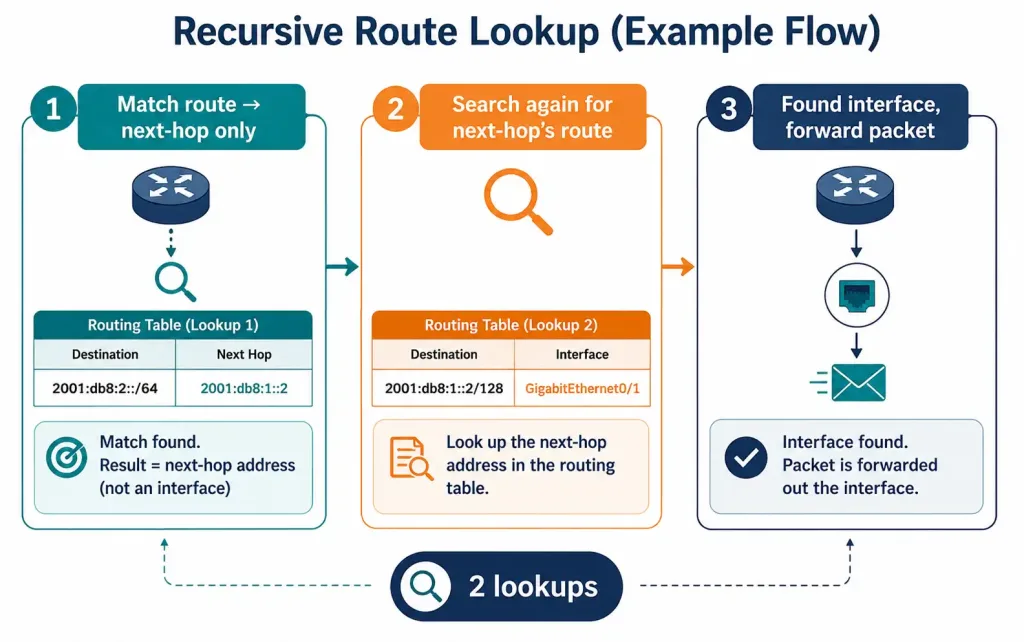 Static Ipv6 Routes: Next-Hop Address Vs. Directly Connected (Exit Interface) 3 Three-Step Numbered Diagram Showing How A Recursive Lookup Resolves A Next-Hop-Only Static Route
