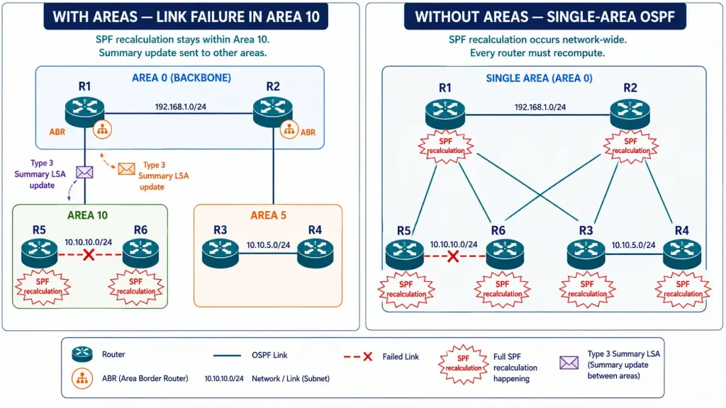 Single-Area Ospf Vs. Multi-Area Ospf 2 Diagram Showing A Link Failure In One Ospf Area Triggering Spf Recalculation Only In That Area, Versus Network-Wide In Single-Area Ospf