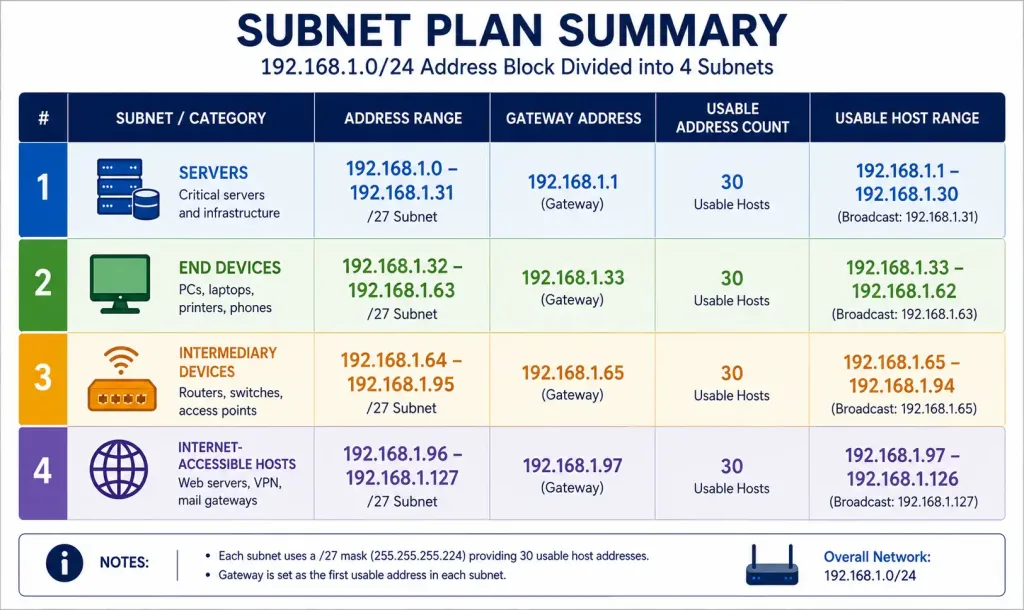 Ip Address Planning For A Small Network 2 Table Showing Four /27 Subnets With Their Address Ranges, Gateways, And Usable Address Counts