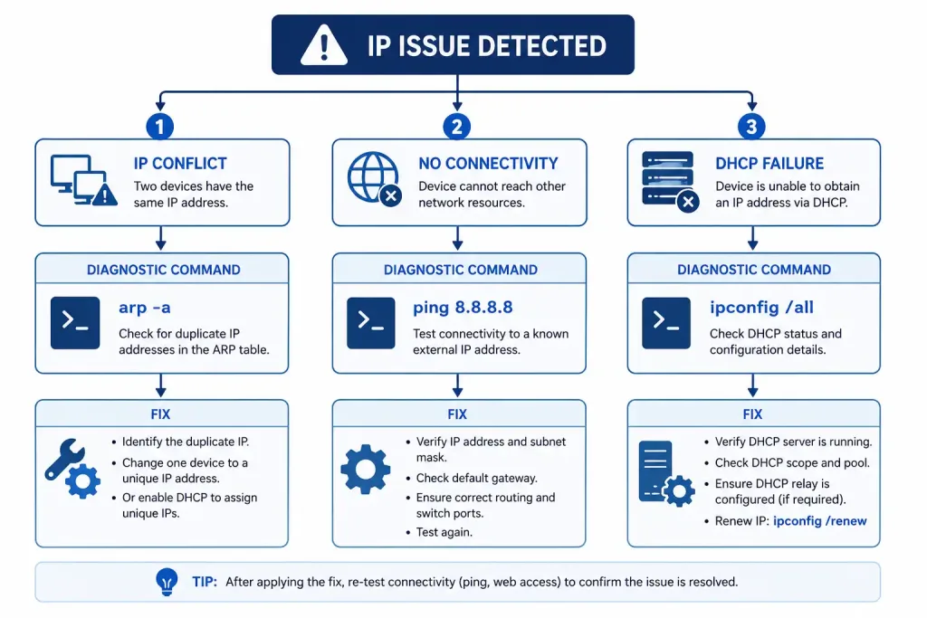 How To Assign An Ip Address On A Windows Pc 4 Flowchart Showing Troubleshooting Paths For Ip Conflicts, No Connectivity, And Dhcp Failures