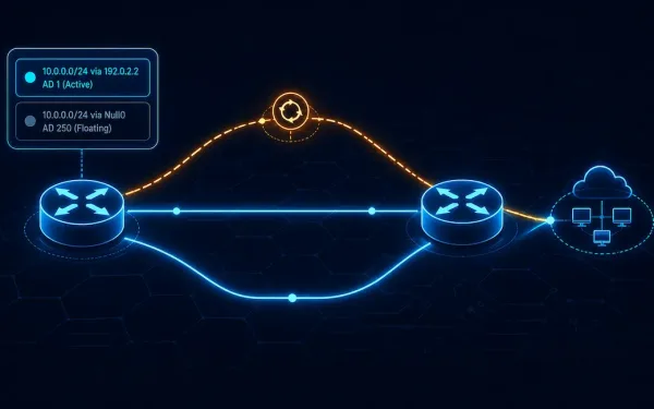 Two Routers Connected By A Point-To-Point Link Showing Both A Recursive Next-Hop Route Option And A Direct Exit-Interface Route Option Toward A Destination Network, With A Floating Static Route Priority Indicator