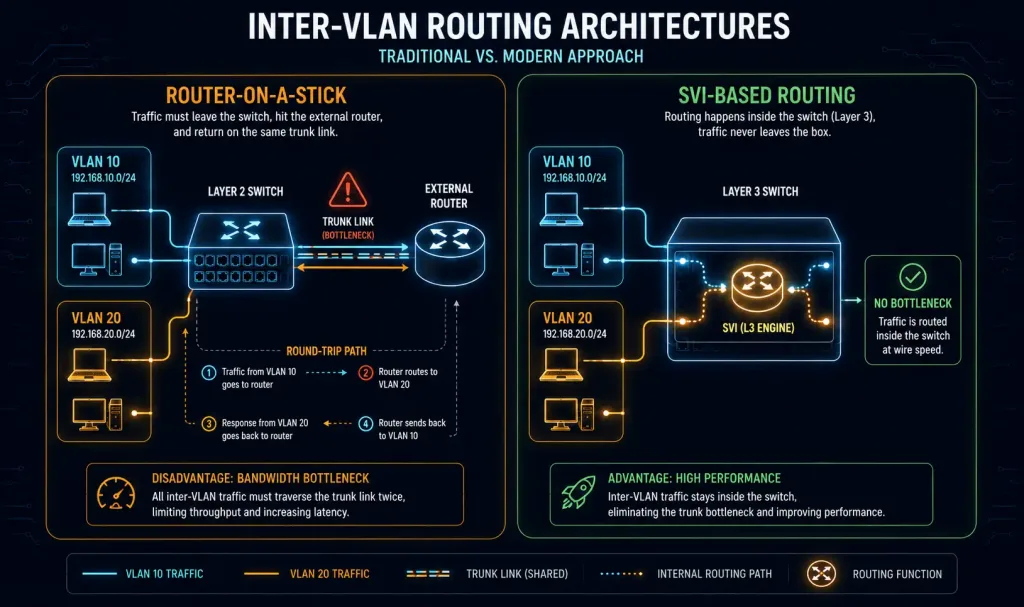 Switch Virtual Interface (Svi): Configuration, Verification, And Troubleshooting 3 Side-By-Side Comparison Showing Router-On-A-Stick Routing Traffic Through An External Router Over A Bottlenecked Trunk Link, Versus Svi-Based Routing Happening Directly Inside The Switch With No External Link Needed