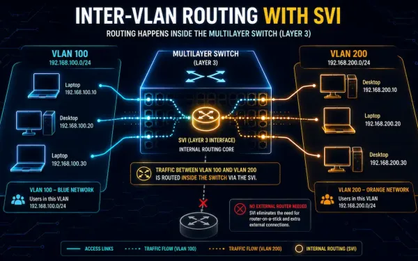 A Multilayer Switch With An Internal Routing Core Connecting Two Vlans Directly, Next To A Crossed-Out External Router Representing The Router-On-A-Stick Approach Svi Replaces