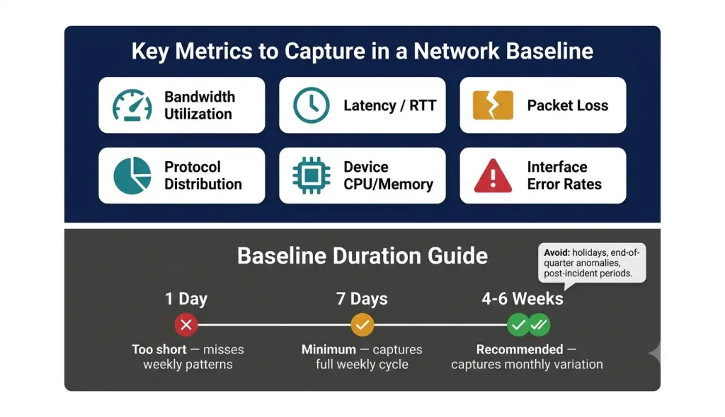 Network Baseline: What It Is, How To Establish One, And Why It Matters 2 Two-Section Infographic Showing Six Key Metrics To Capture In A Network Baseline — Bandwidth, Latency, Packet Loss, Protocol Distribution, Device Cpu/Memory, And Interface Errors — Plus A Baseline Duration Guide Recommending 7 Days Minimum And 4–6 Weeks For Commercial Networks