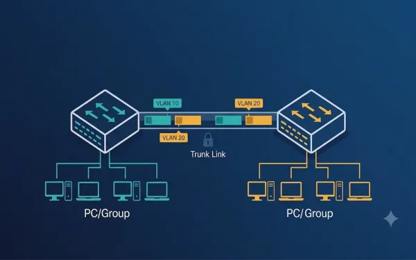 Two Cisco Switches Connected By A Trunk Link Carrying Tagged Vlan 10 And Vlan 20 Frames, With Colour-Coded Pc Groups Connected To Each Switch Representing The Sales And Engineering Vlans
