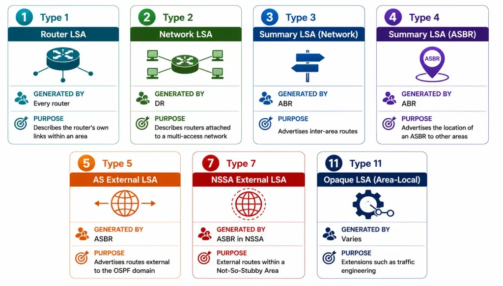 Ospf Packets Types: Hello, Dbd, Lsr, Lsu, And Lsack Explained 2 Seven Cards Showing Each Ospf Lsa Type, Its Generator, And Its Purpose