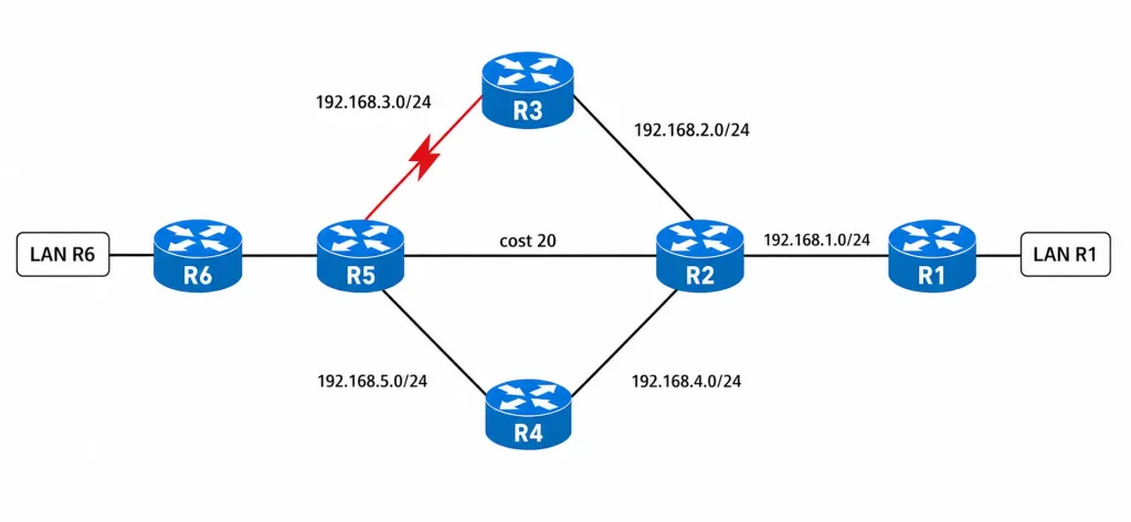 Link-State Routing Protocols Explained: How Ospf And Spf Work 5 Six-Router Topology Showing R6 With Its Lan Connected To R5, Which Branches To R3, R2 Directly With A Link Cost Of 20, And R4, With R3 And R4 Both Also Connecting Onward To R2, Which Connects To R1 And Its Own Lan, With The R3 To R5 Link Highlighted In Red To Represent A Topology Change