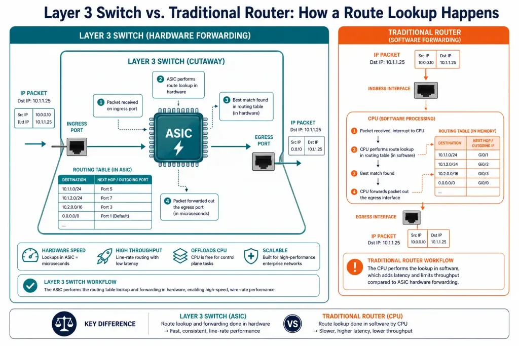 Layer 3 Switches: How They Work, How To Configure Them, And When To Use Them 2 Diagram Comparing Hardware Asic-Based Routing Lookups To Cpu-Based Software Routing
