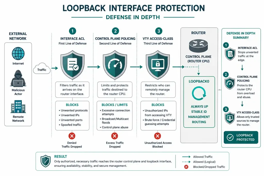 How To Configure An Ipv4 Loopback Interface 3 Layered Diagram Showing An Acl, Copp, And Vty Access-Class Protecting A Management Loopback Interface