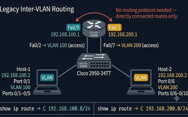 Network Topology Diagram Showing Legacy Inter-Vlan Routing With A Cisco Router (Fa0/0 At 192.168.100.1 And Fa0/1 At 192.168.200.1) Connected To A Cisco 2950-24Tt Switch Via Fa0/2 And Fa0/7, With Host-1 At 192.168.100.2 On Vlan 100 Ports 0/1 To 0/5 And Host-2 At 192.168.200.2 On Vlan 200 Ports 0/6 To 0/10