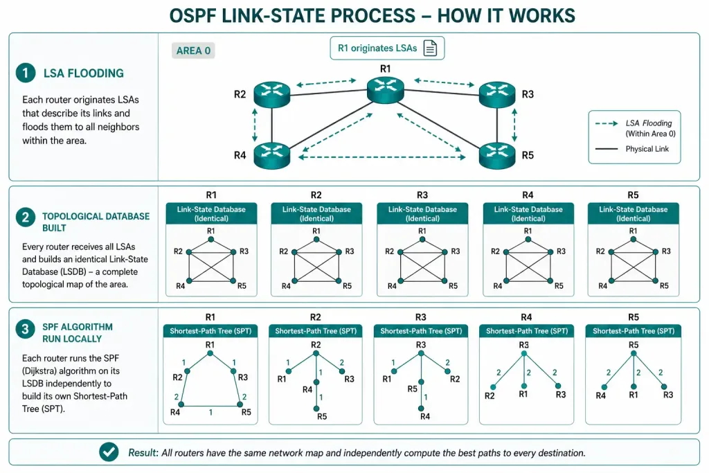 Dynamic Routing Algorithms: Distance Vector Vs. Link-State 3 Diagram Showing Lsa Flooding Within An Ospf Area Followed By Each Router Independently Calculating Its Shortest Path Tree