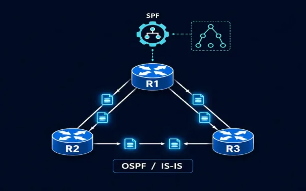 Three Routers Connected In A Triangle With Glowing Packet Icons On Every Link Representing Simultaneous Lsp Flooding, With An Spf Tree Icon Above Representing The Dijkstra Shortest-Path Calculation