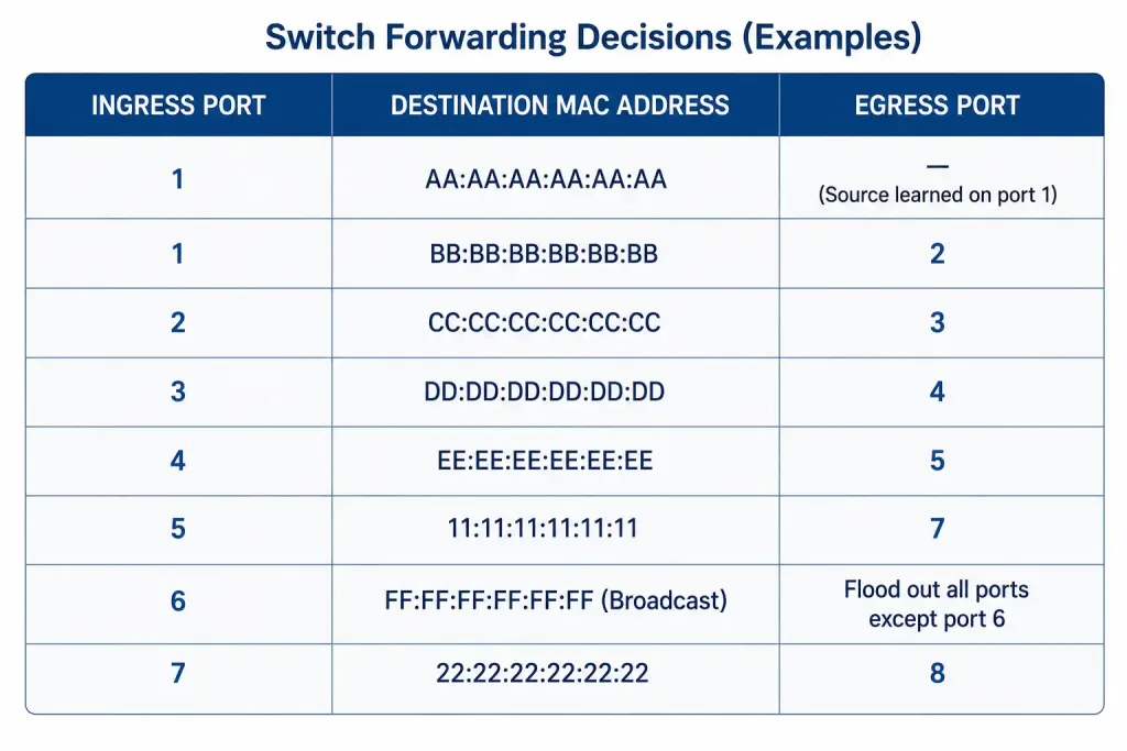 Switching Concepts In Networking: How Switches Forward Frames 2 Table Diagram Showing The Structure Of A Mac Address Table With Ingress Port, Destination Mac, And Egress Port Columns