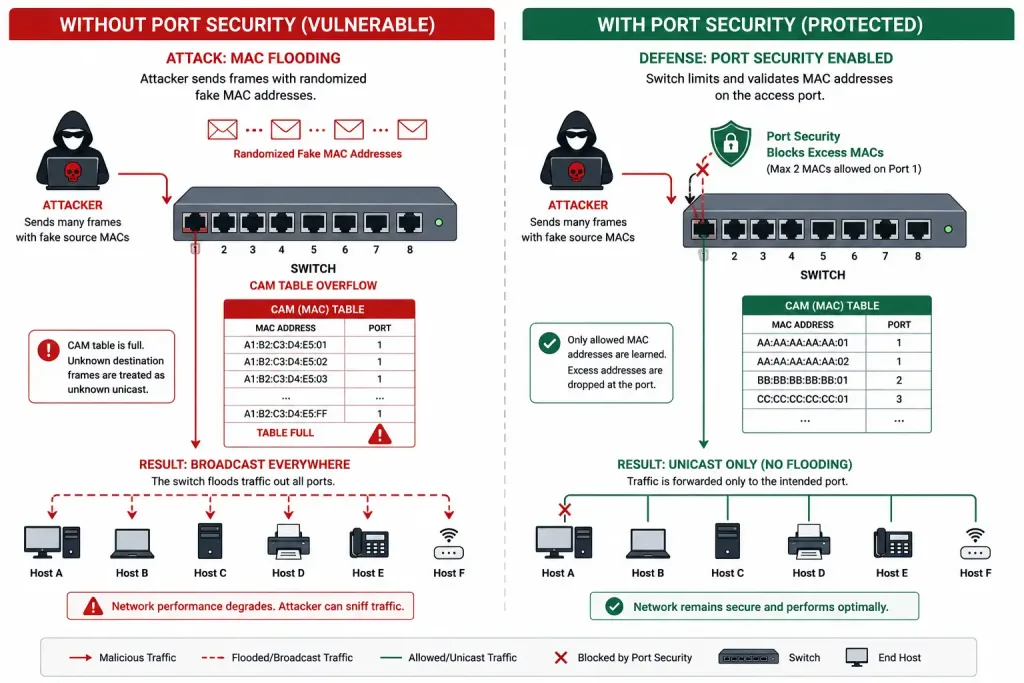 Switching Concepts In Networking: How Switches Forward Frames 5 Diagram Comparing A Mac Flooding Attack Overflowing A Switch'S Cam Table Against Port Security Blocking The Attack