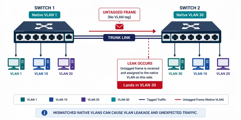 Trunk Link Problems And Troubleshooting 3 Diagram Showing An Untagged Frame Leaking From Vlan 1 Into Vlan 30 Due To A Native Vlan Mismatch