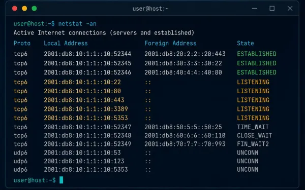 Terminal Window Showing Netstat Command Output With Tcp Connections And Their States
