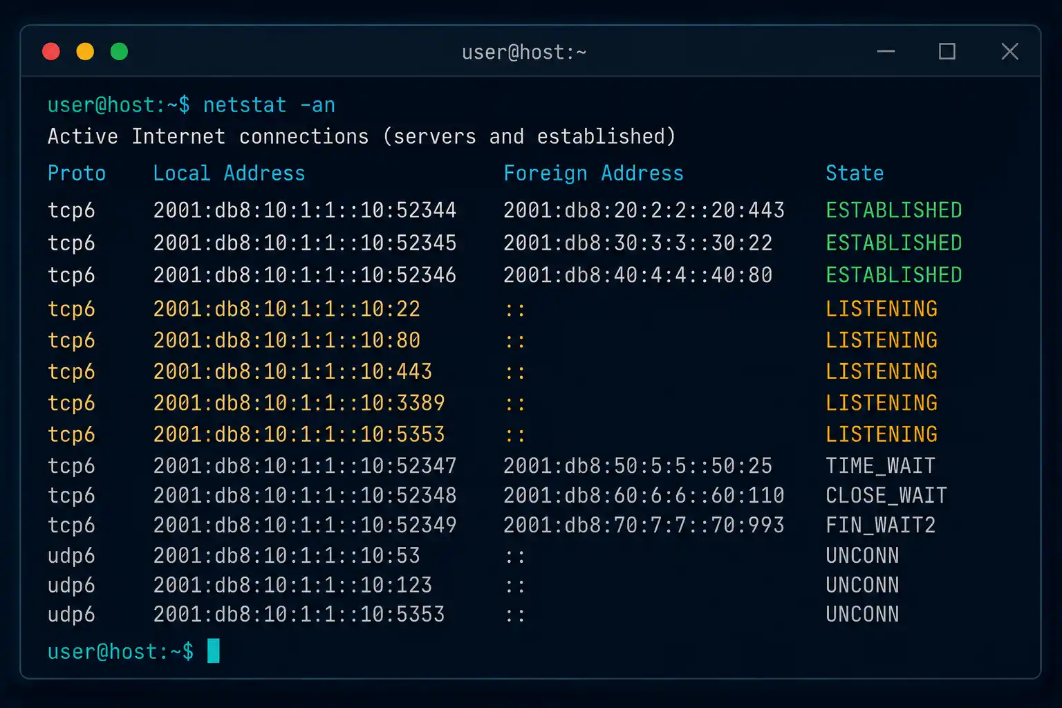 Terminal Window Showing Netstat Command Output With Tcp Connections And Their States