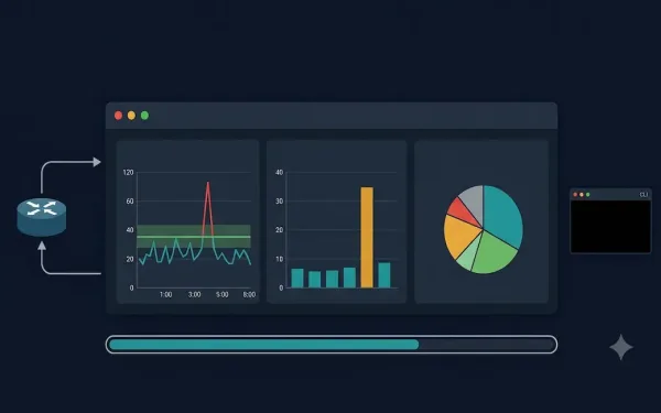 Network Monitoring Dashboard Showing A Bandwidth Utilization Graph With A Baseline Reference Band And Anomaly Spike, A Latency Bar Chart With A Deviation Highlighted, And A Protocol Distribution Pie Chart, With A Cli Ping Terminal And Snmp Polling Icon