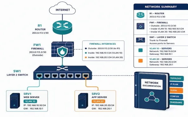 Network Topology Diagram With Labeled Devices, Ip Addresses, And Vlan Assignments Alongside A Documentation Icon