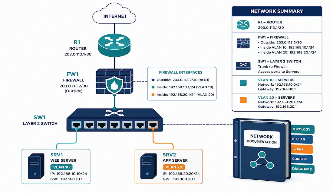 Network Documentation: A Practical Guide For Ccna And Ccnp 1 Network Topology Diagram With Labeled Devices, Ip Addresses, And Vlan Assignments Alongside A Documentation Icon