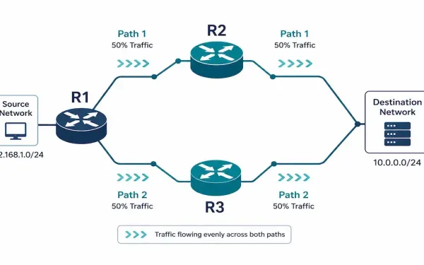 Diagram Showing Router R1 Load Balancing Traffic Across Two Equal Paths Through Routers R2 And R3