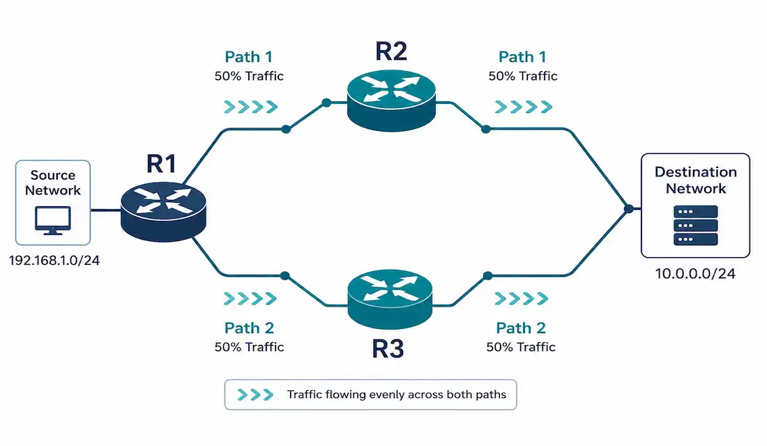 Network Load Balancing: Equal-Cost And Eigrp Unequal-Cost Routing 1 Diagram Showing Router R1 Load Balancing Traffic Across Two Equal Paths Through Routers R2 And R3