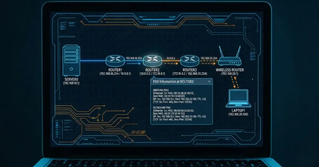 Router Switching Mastery: Unlock Efficient Packet Delivery (Updated 2025) 2 A Detailed Network Diagram Is Displayed On A Laptop, Showing The Connection Between A Server, Three Routers, A Wireless Router, And A Laptop, With Specific Ip Addresses And Pdu (Protocol Data Unit) Information Highlighting The Communication Path And Network Troubleshooting. #Router Switching Function