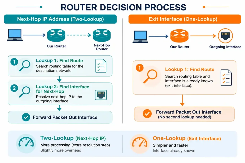 Directly Connected Static Routes: Configuration And When To Use Them 2 Diagram Comparing A Two-Step Recursive Lookup To A Single-Step Directly Connected Lookup
