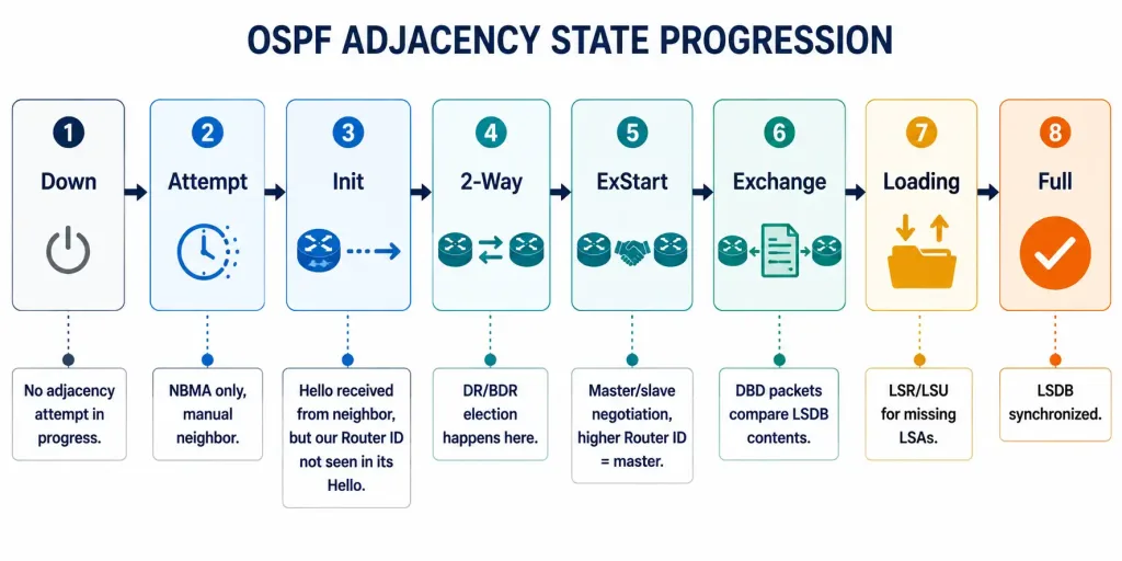 Ospf Hello Packets: Structure, Timers, And Troubleshooting 4 Diagram Of The Eight Ospf Adjacency States In Sequence From Down Through Full, With The Role Of Each Transition Labeled