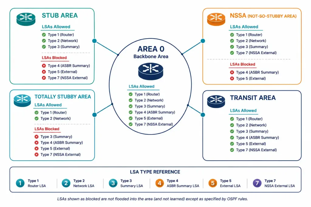 Introduction To Open Shortest Path First (Ospf) 4 Diagram Showing Area 0 Connected To Different Ospf Area Types, Each Labeled With What It Filters
