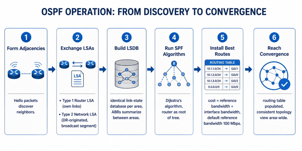 Ospf Hello Packets: Structure, Timers, And Troubleshooting 2 Six-Step Flowchart Of The Ospf Convergence Process From Adjacency Formation Through Lsa Flooding, Lsdb Build, Spf Calculation, Route Installation, And Convergence