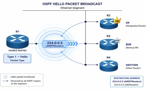 Central Router Broadcasting An Ospf Type 1 Hello Packet To 224.0.0.5, With Crown And Star Icons Marking The Elected Dr And Bdr