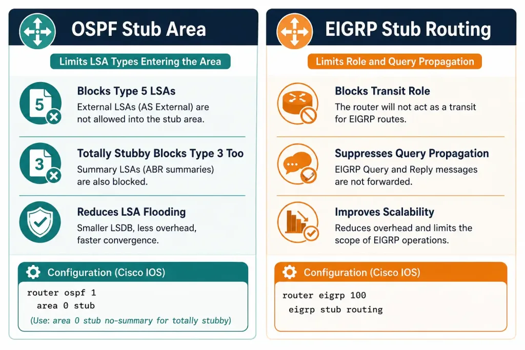 What Is A Stub Network? Routing, Configuration, And Real-World Use 4 Comparison Of Ospf Stub Area Lsa Blocking Versus Eigrp Stub Routing Query Suppression