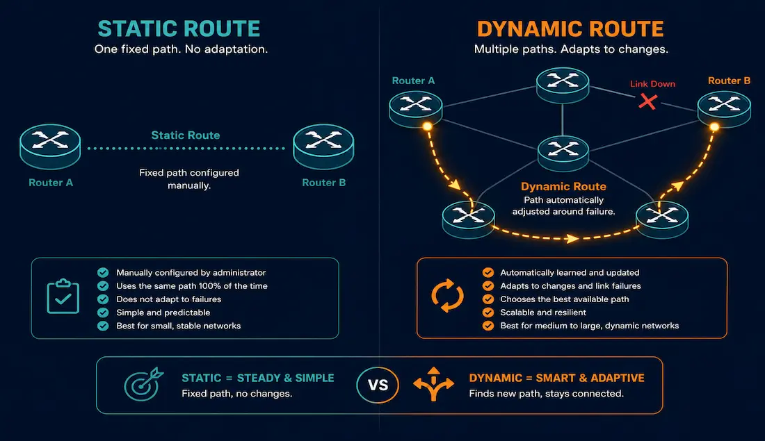 Static Routing Vs Dynamic Routing: Complete Explanation 1 Split Illustration Comparing A Fixed Static Route Path To A Dynamic Route Rerouting Around A Failure