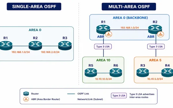 Side-By-Side Comparison Of Single-Area Ospf With All Routers In Area 0 Versus Multi-Area Ospf With A Backbone Connecting Two Non-Backbone Areas Through Abrs