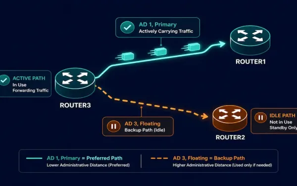 A Router With A Solid Primary Path And A Dashed Idle Floating Backup Path To Two Different Upstream Routers