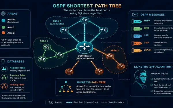 A Router Calculating A Shortest-Path Tree Surrounded By Icons For Ospf Areas, Databases, And Messages