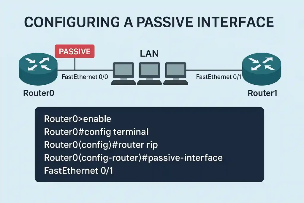 Diagram showing RIP passive interface configuration with Router0 connected to a LAN and Router1, marking FastEthernet 0/1 as passive to stop updates, including configuration commands.