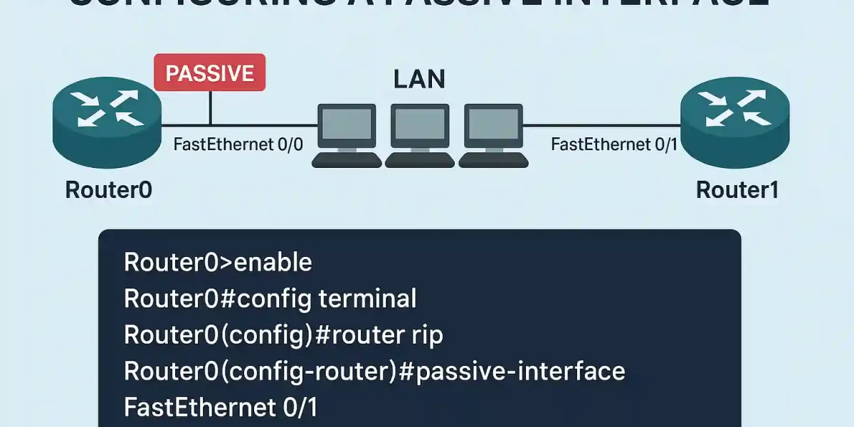 Diagram showing RIP passive interface configuration with Router0 connected to a LAN and Router1, marking FastEthernet 0/1 as passive to stop updates, including configuration commands.