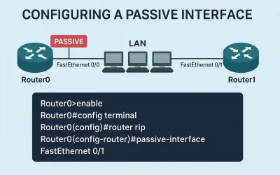 Diagram showing RIP passive interface configuration with Router0 connected to a LAN and Router1, marking FastEthernet 0/1 as passive to stop updates, including configuration commands.