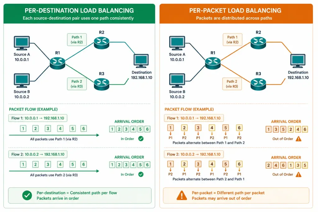 Network Load Balancing: Equal-Cost And Eigrp Unequal-Cost Routing 4 Comparison Diagram Showing Per-Destination Load Balancing Preserving Packet Order Versus Per-Packet Load Balancing Causing Out-Of-Order Delivery