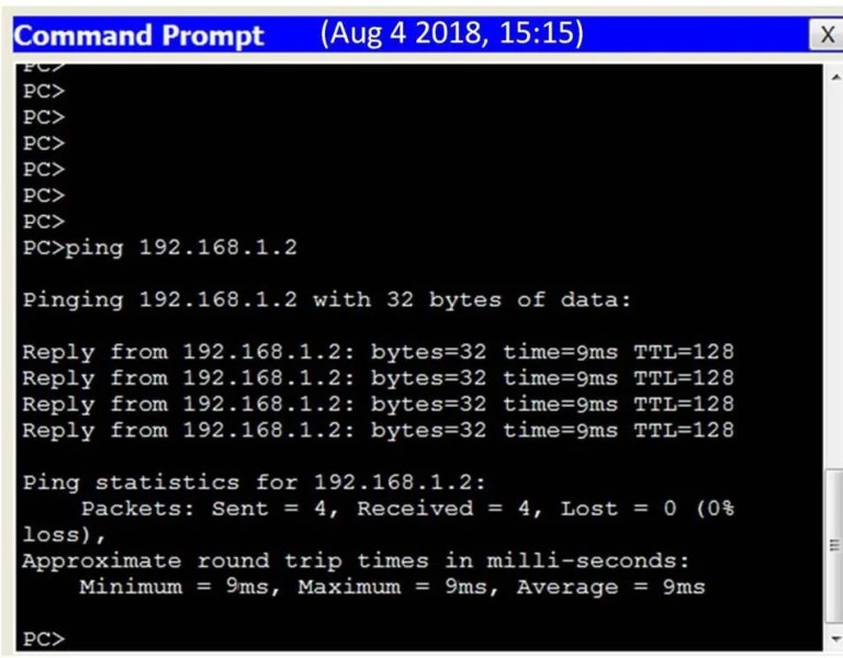 A screenshot of a Command Prompt window showing the results of a ping test to the IP address 19216812 with successful replies and no packet loss