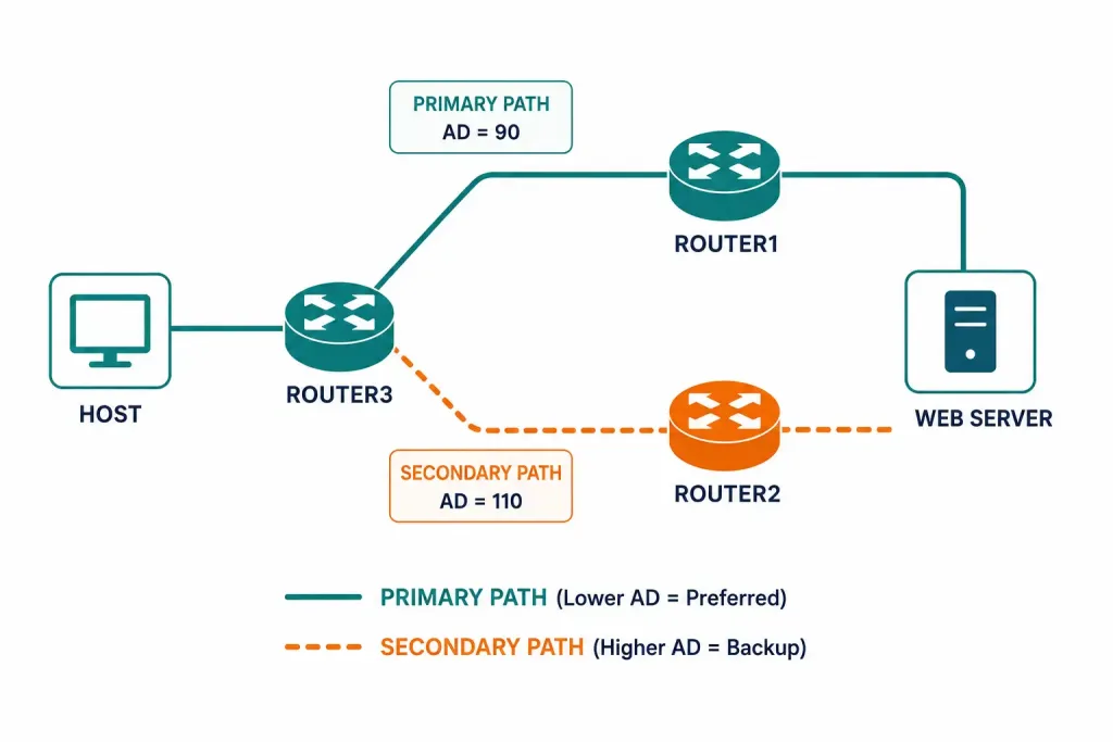 Floating Static Routes: Configuration, Verification, And Troubleshooting 4 Side-By-Side Routing Table Output Comparing Primary Route Active Versus Floating Route Active