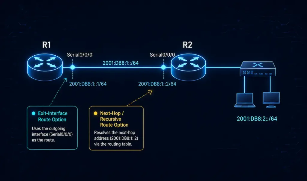 Ipv6 Route Command: Configuring Static Routes On Cisco Routers 2 Network Topology Diagram Showing Router R1 Connected To Router R2 Via A Point-To-Point Serial Link, With R2 Connected To A Lan Using Prefix 2001:Db8:2::/64, Annotated With Both Exit-Interface And Next-Hop Route Options