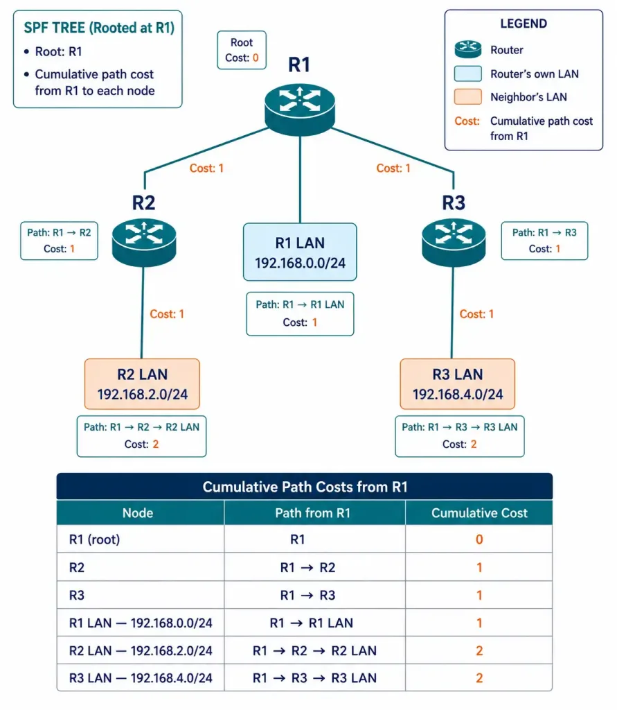 Link-State Routing Protocols Explained: Discovery, Flooding, And The Spf Tree 7 Tree Diagram Showing R1'S Completed Spf Tree With Branch Costs To R2, R3, And Their Lans