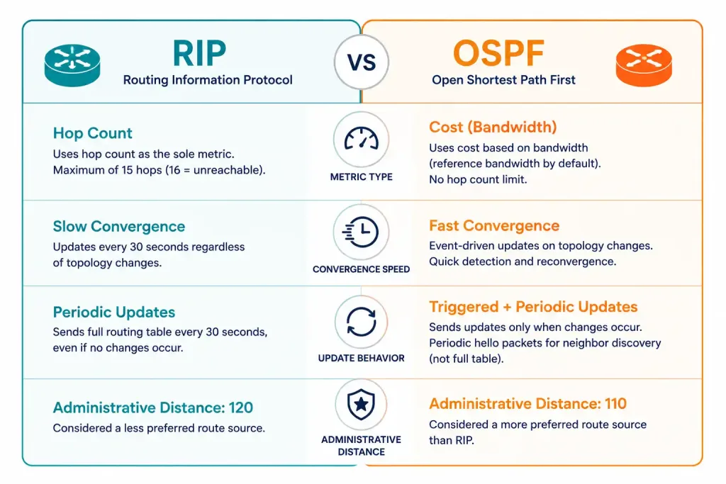 Introduction To Open Shortest Path First (Ospf) 3 Two-Column Comparison Card Contrasting Rip And Ospf Across Metric, Convergence, And Administrative Distance