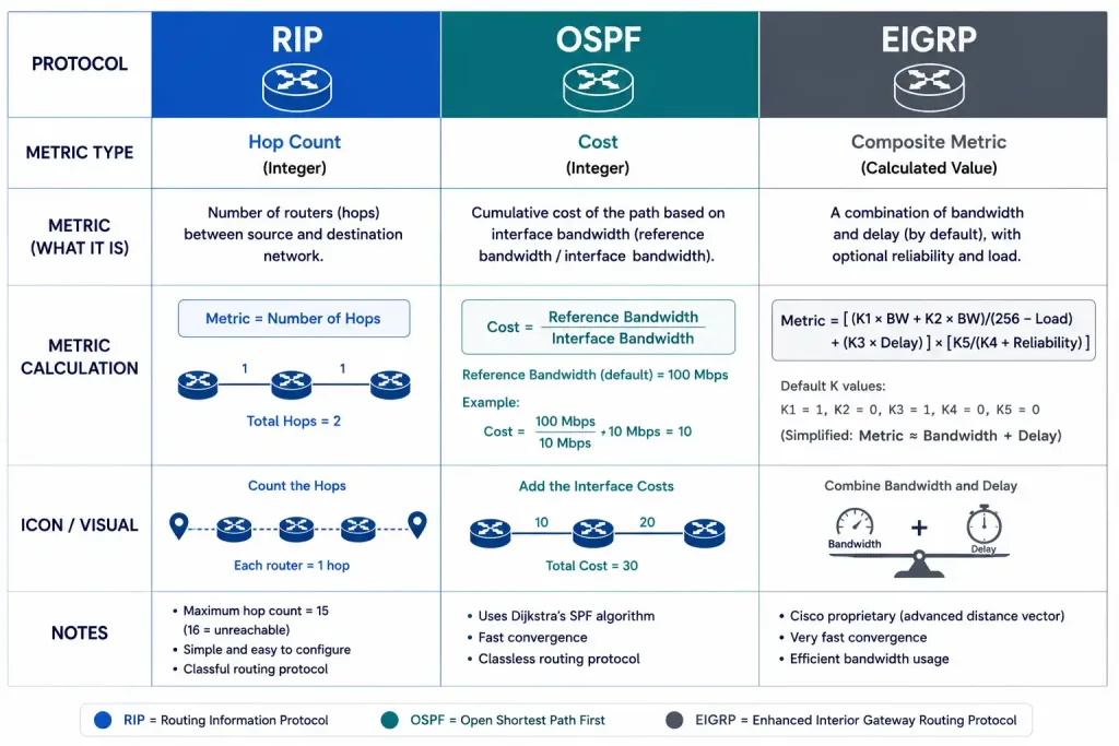 Router Path Selection: How Routers Determine The Best Path 4 Comparison Chart Showing How Rip, Ospf, And Eigrp Each Calculate Their Routing Metric Differently