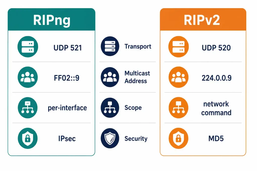 Ripng Configuration: Advertising Ipv6 Networks With Rip Next Generation 2 Icon Comparison Card Contrasting Ripng And Ripv2 Across Port, Multicast Address, Enablement, And Authentication