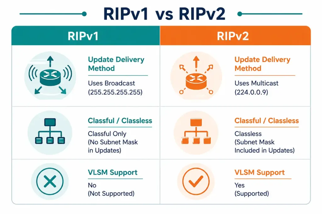 Routing Information Protocol (Rip): Configuration, Passive Interfaces, And Default Route Propagation 5 Two-Column Comparison Card Contrasting Ripv1 And Ripv2 Features